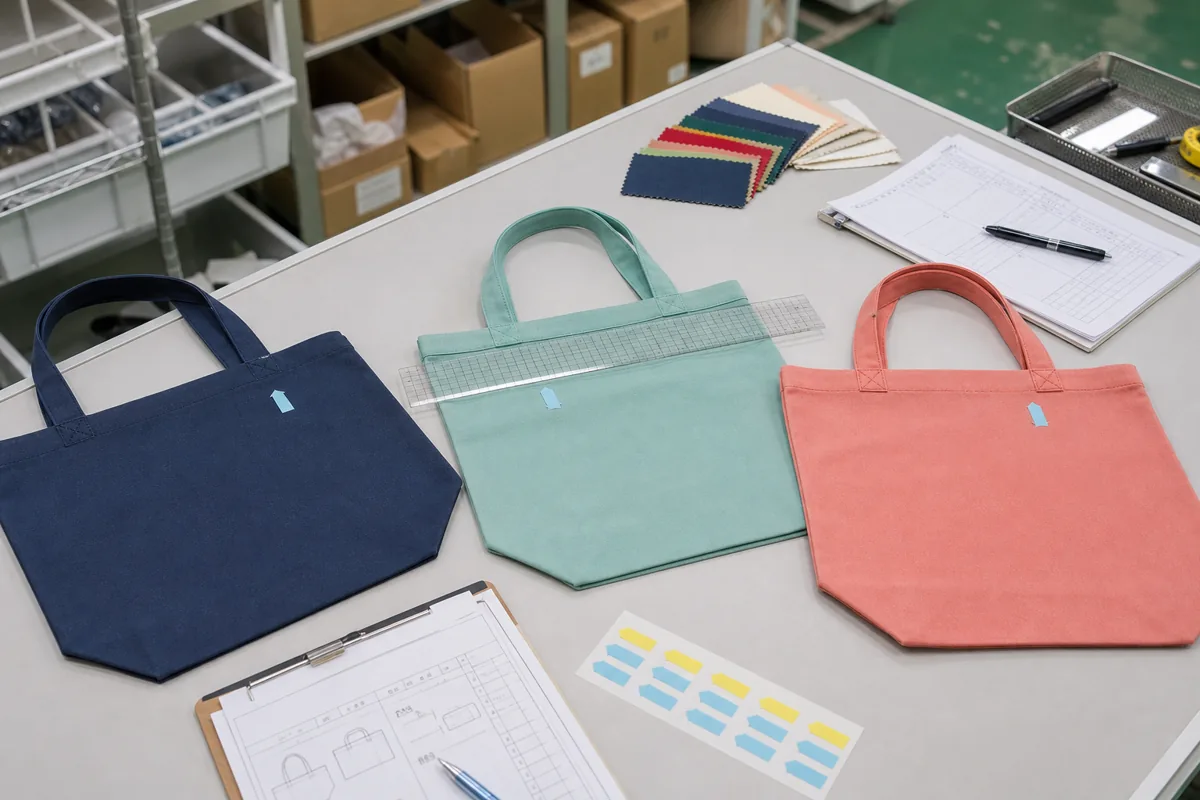 Pre-production custom tote bag sample checked for print, sewing, size, and packaging approval