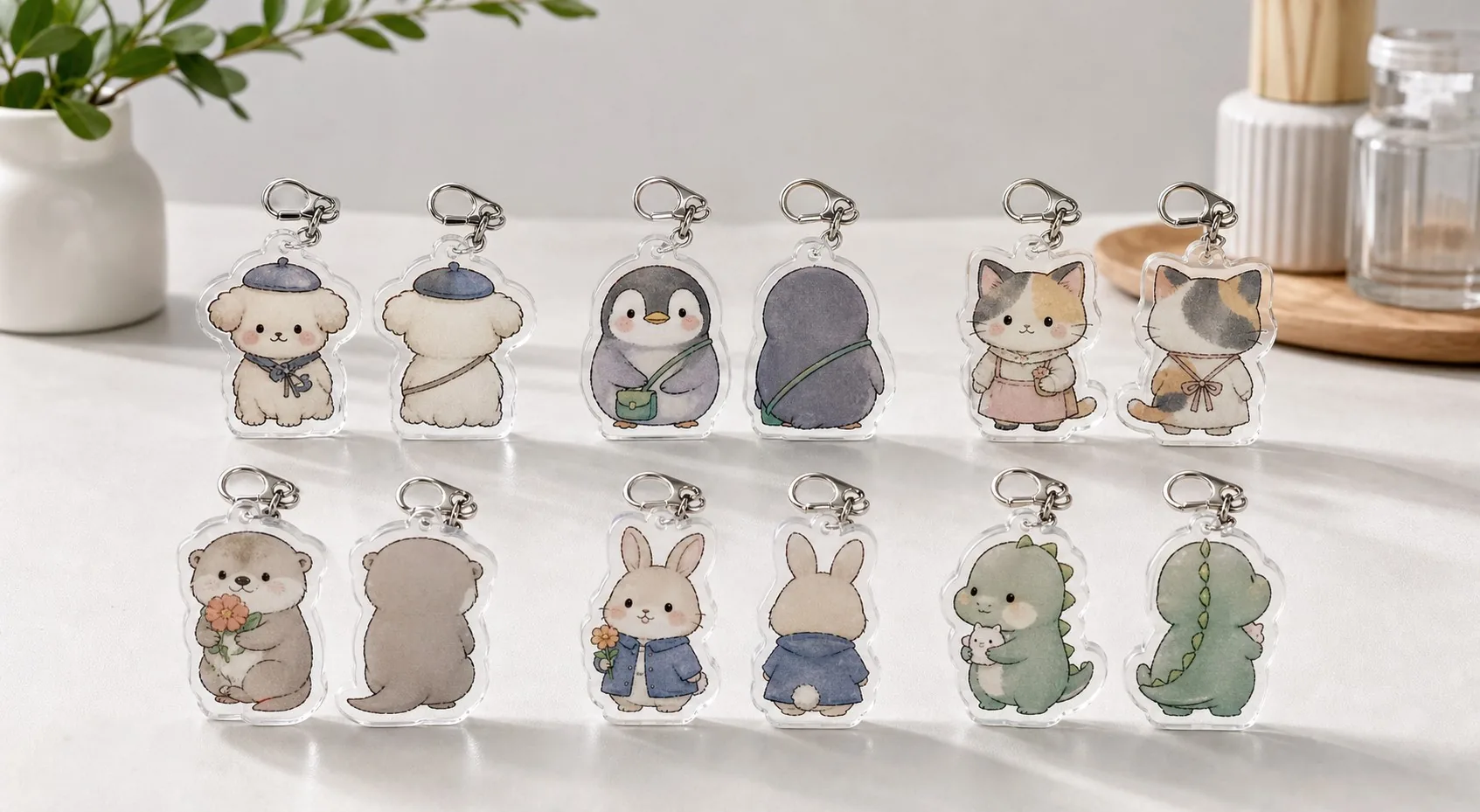 Double-Sided Acrylic Keychains sample lineup showing coordinated front and reverse artwork