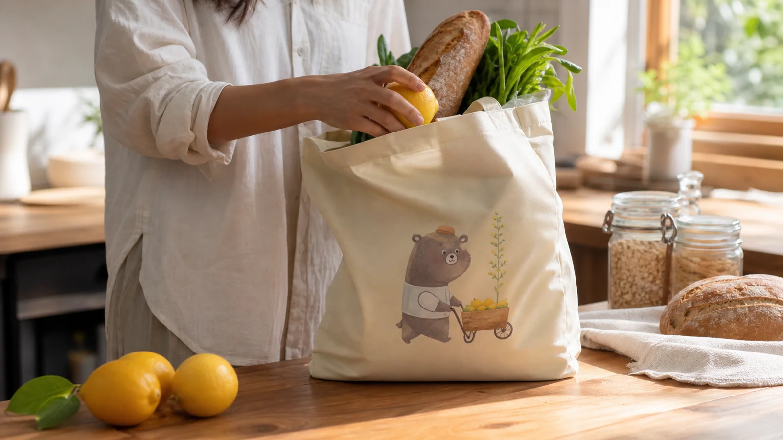 エコバッグOEM キッチンでの買い物片付けシーン キッチンカウンターでクリーム色のエコバッグから食材を取り出す日常使用シーン写真