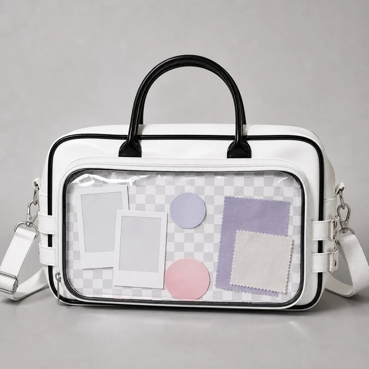 Front clear window and pin insert board structure for an ita crossbody bag