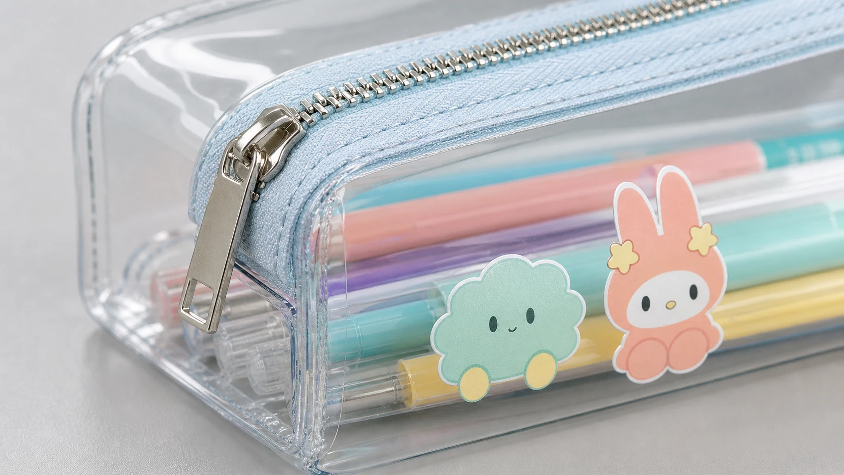 Transparent PVC pencil pouch OEM zipper and stitching check