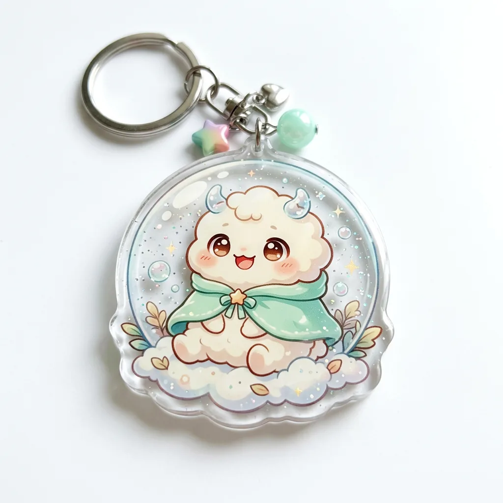 Epoxy acrylic keychain finished sample with a clear raised resin dome