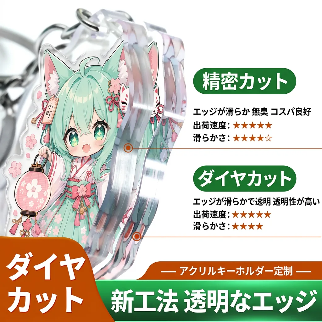 Epoxy acrylic keychain die-cut body and transparent edge comparison