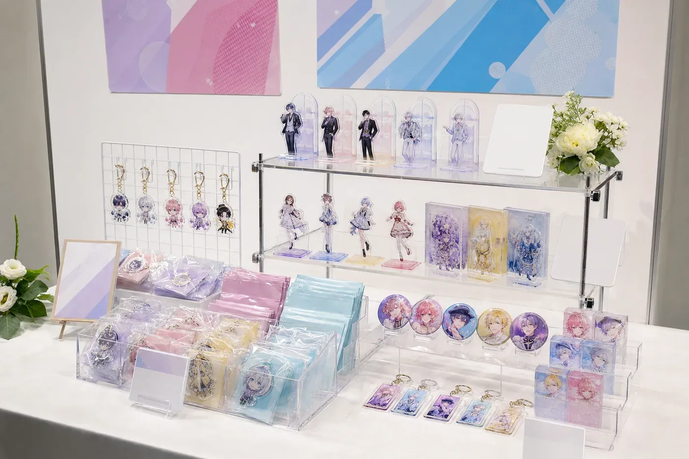 Fan merchandise sales display Collectible fan merchandise arranged for event or limited-drop sales
