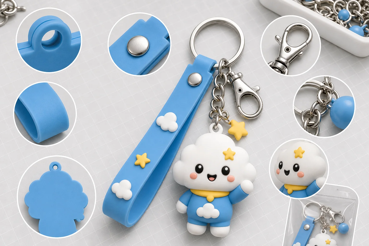 PVC keyring detail checks for holes, rivets, hardware, paint, and packaging clearance