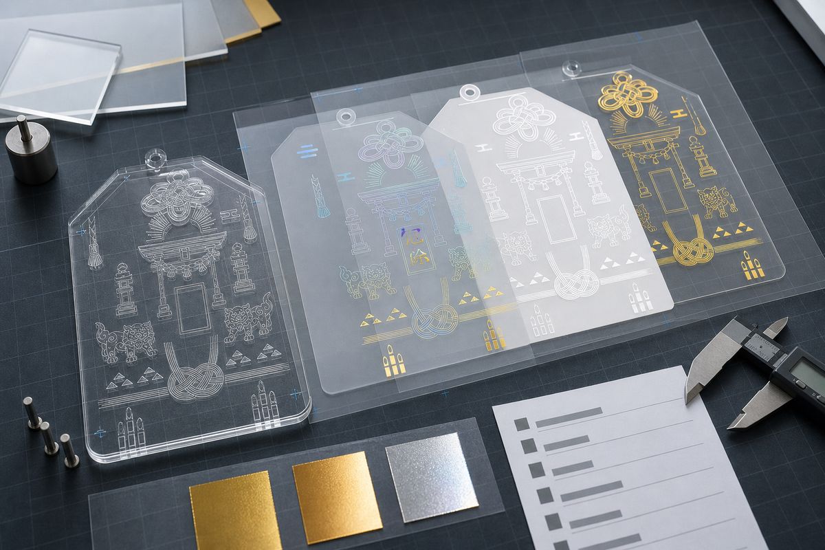 Artwork data preparation for foil stamped acrylic goods showing cutline, white layer, print layer, and foil layer checks
