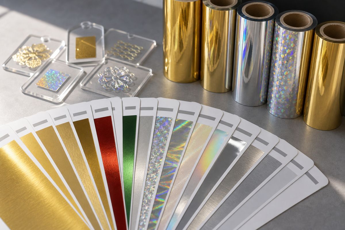 Gold foil, silver foil, holographic foil, color foil swatches, and acrylic test pieces