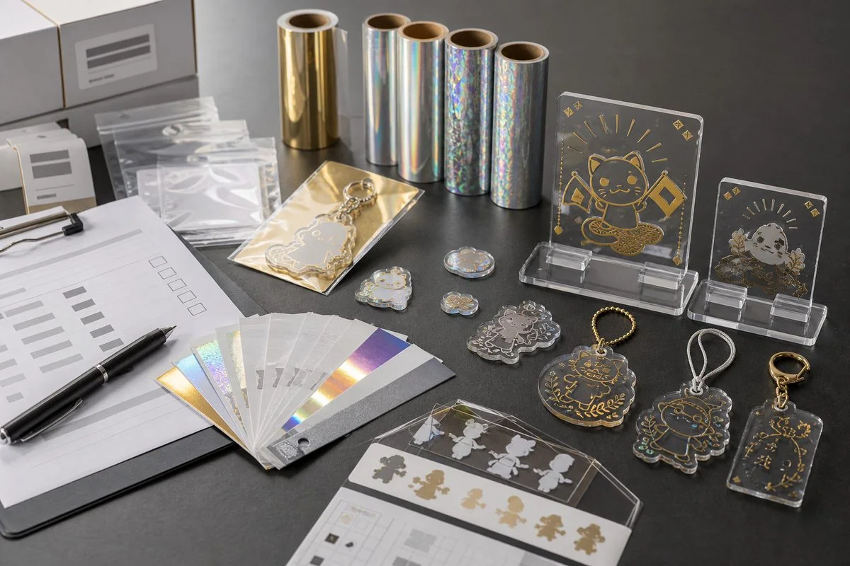 Foil stamped acrylic goods OEM procurement board with samples, foil swatches, SKU documents, and packaging materials