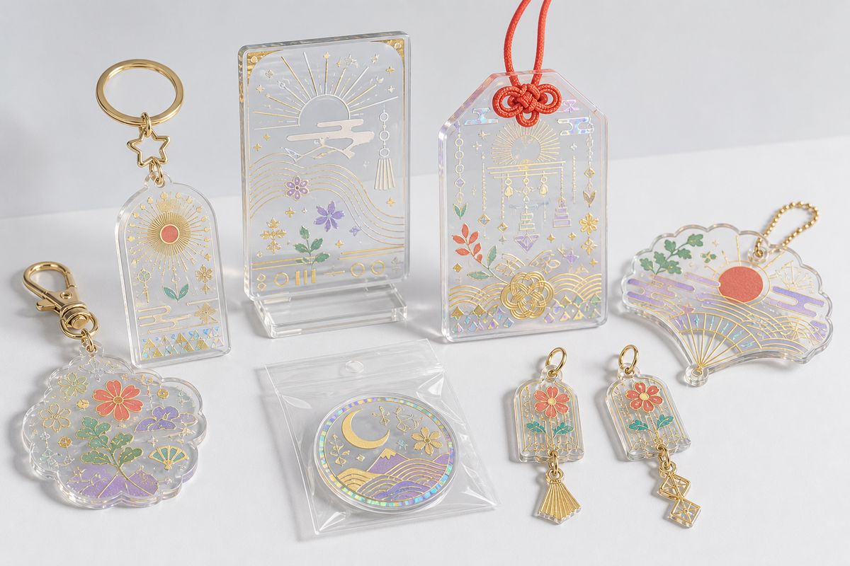 Foil stamping product forms including acrylic keychains, stands, charms, omamori-style tags, and plates