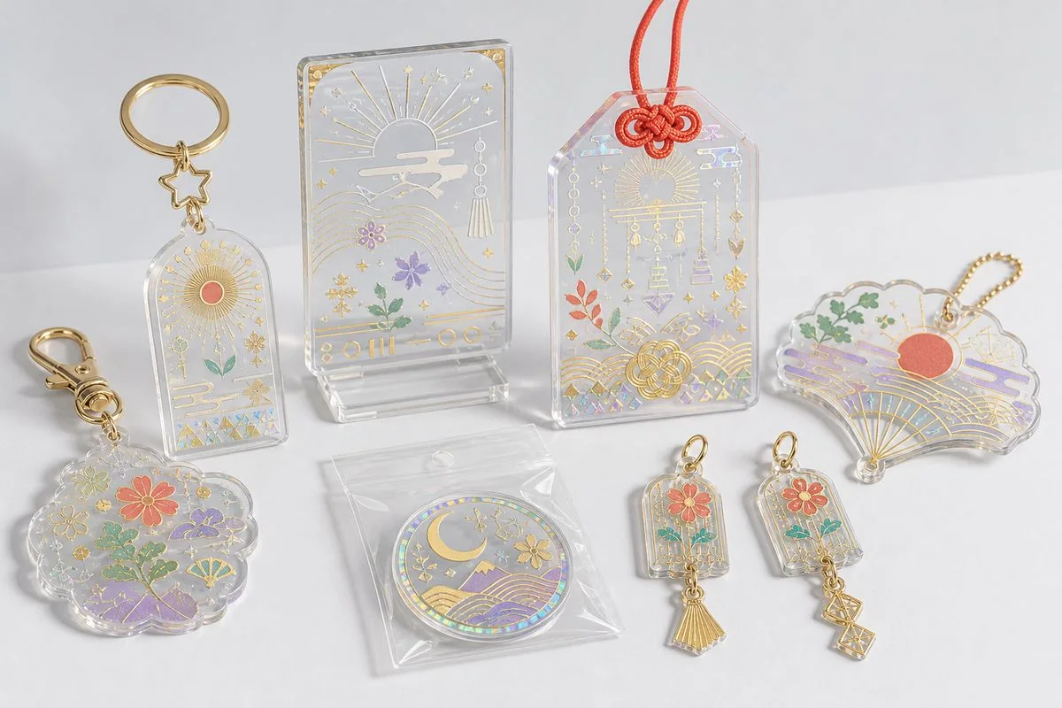 Foil stamping product forms including acrylic keychains, stands, charms, omamori-style tags, and plates