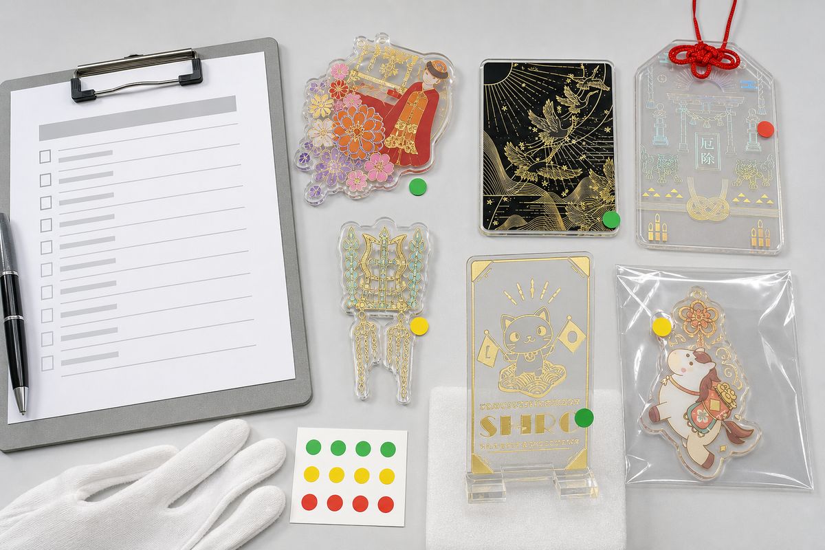 Inspection image for foil stamped acrylic goods checking foil surface, registration, edges, and packaging condition