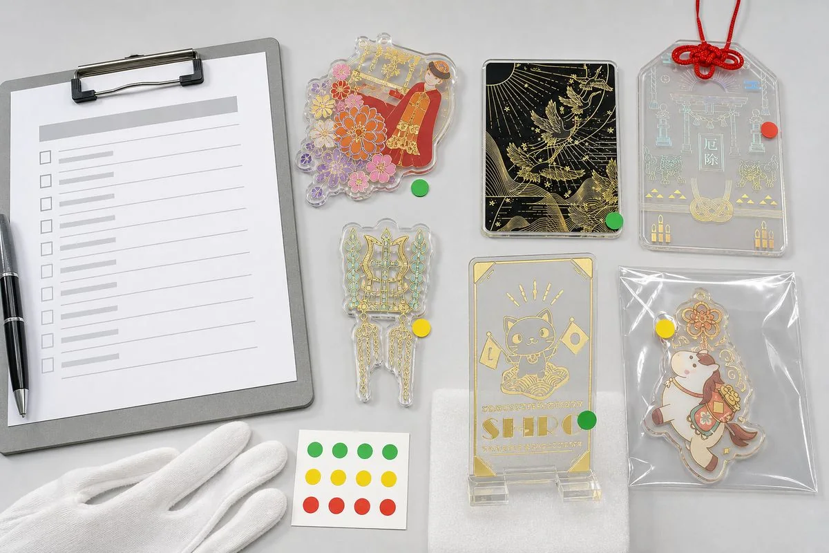 Inspection image for foil stamped acrylic goods checking foil surface, registration, edges, and packaging condition
