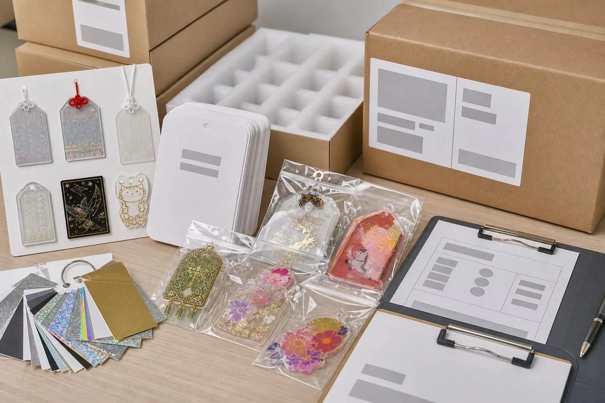 Quote documents, samples, packaging materials, and cartons prepared for foil stamped acrylic goods OEM