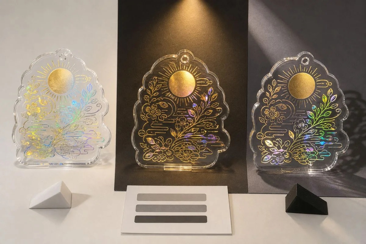 Foil stamped acrylic samples compared under different lighting conditions