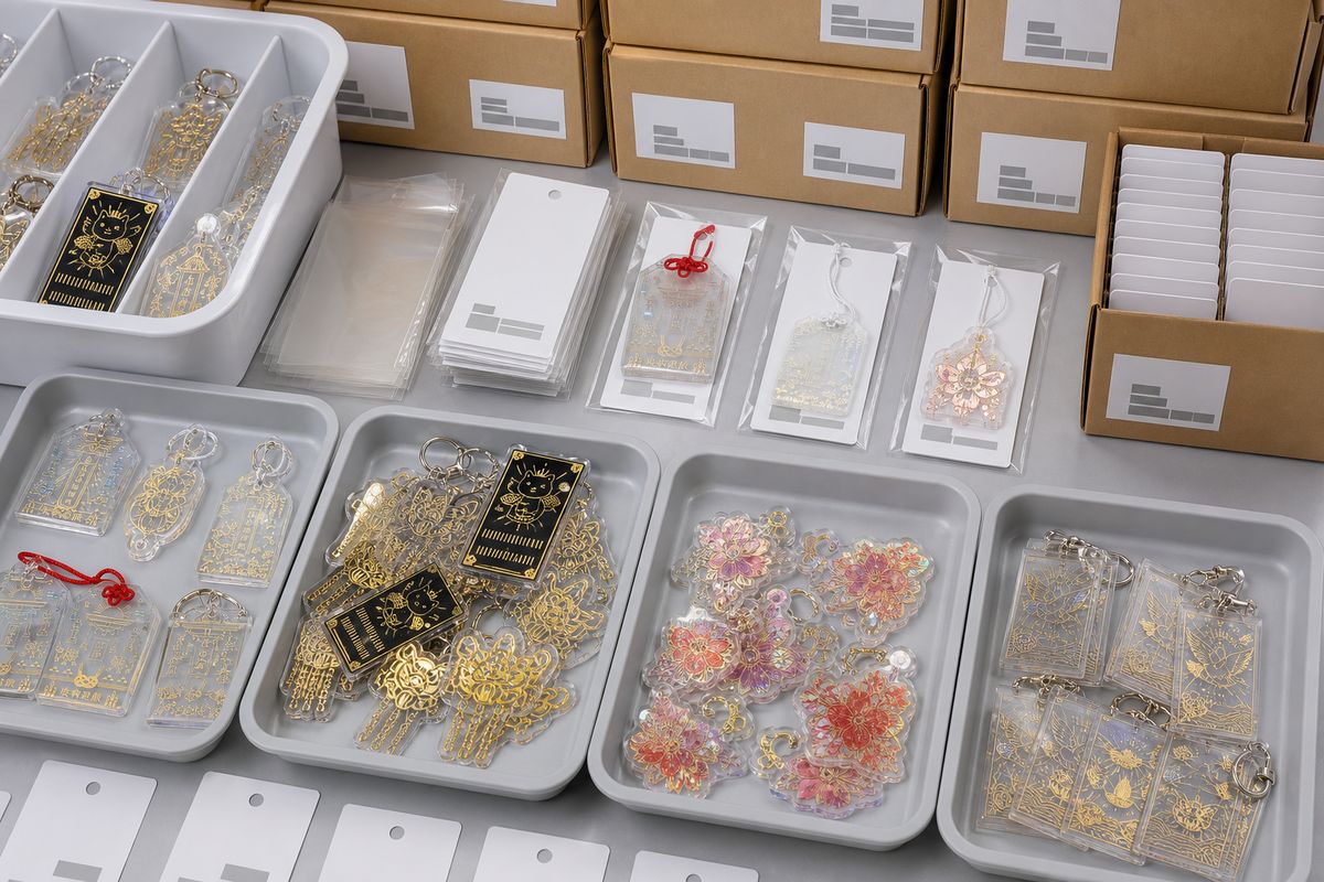 Foil stamped acrylic goods packed into OPP bags, backing cards, SKU trays, and shipping cartons