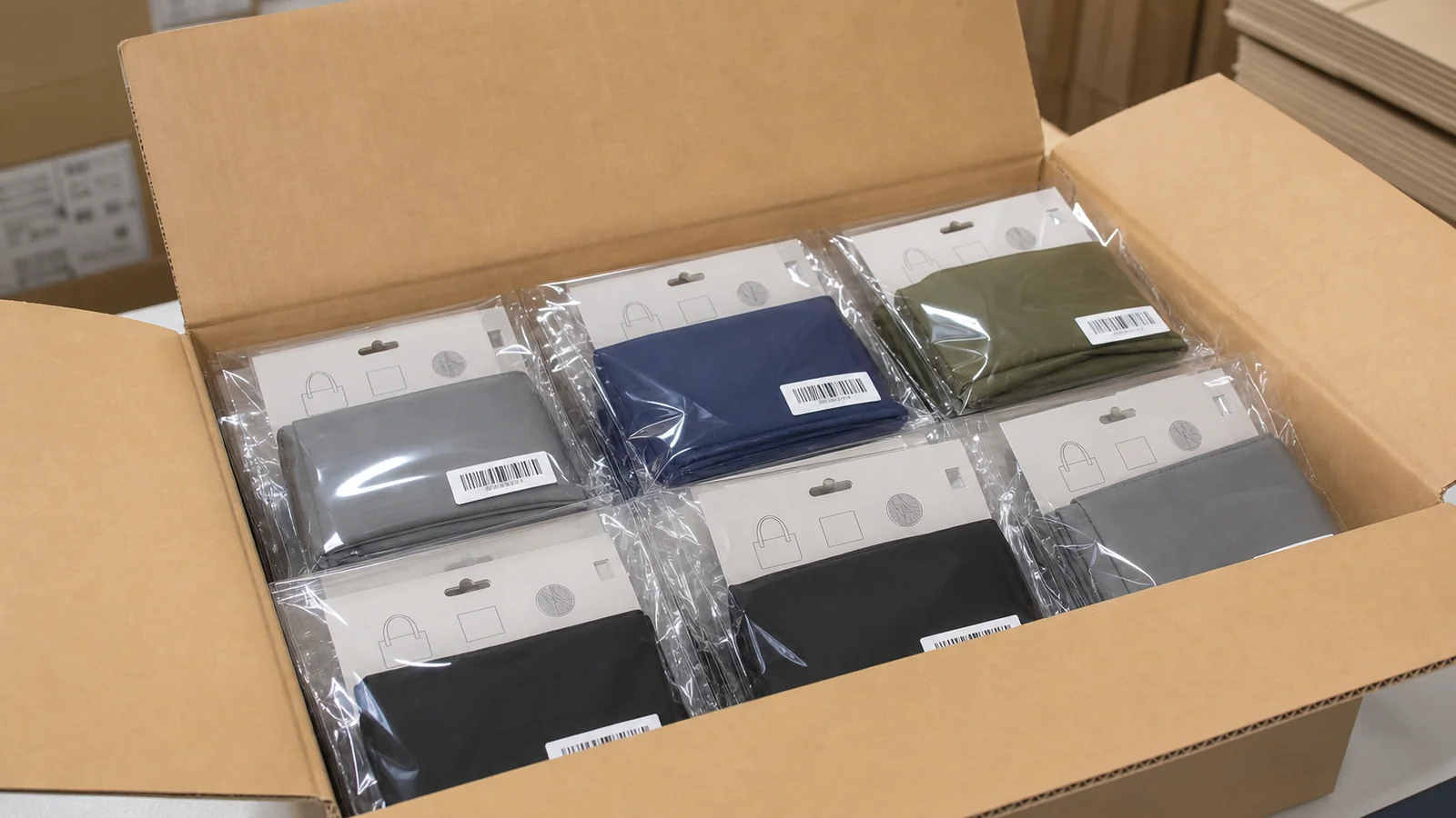 折りたたみエコバッグをOPP個包装し台紙とバーコード風ラベル付きで出荷箱に並べた写真