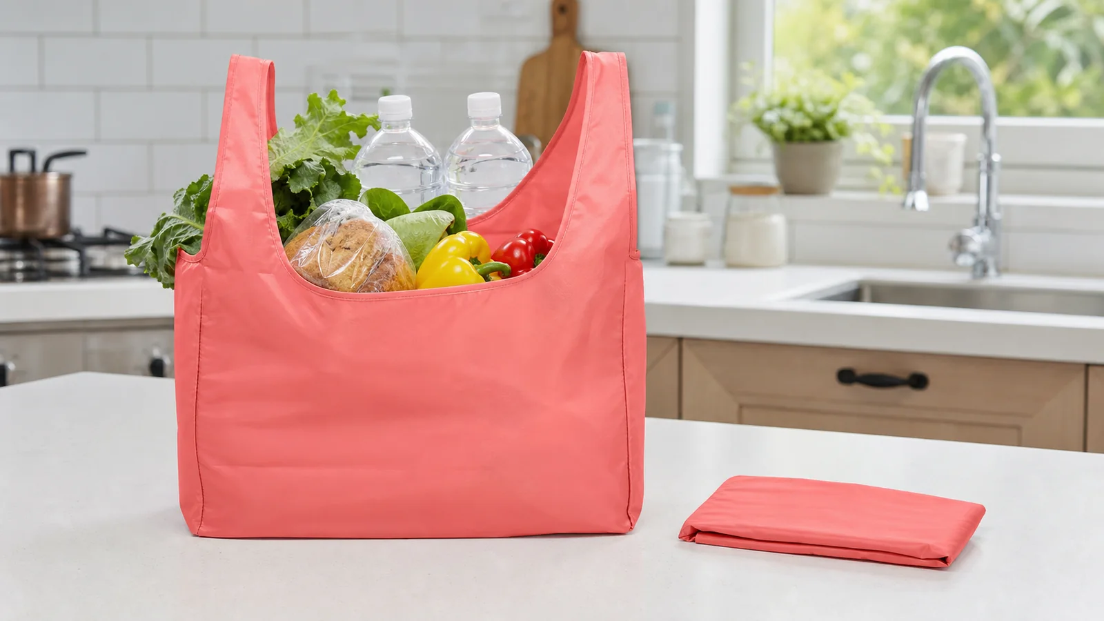 Coral foldable shopping bag filled with groceries and two 2-liter bottles beside the same bag folded flat