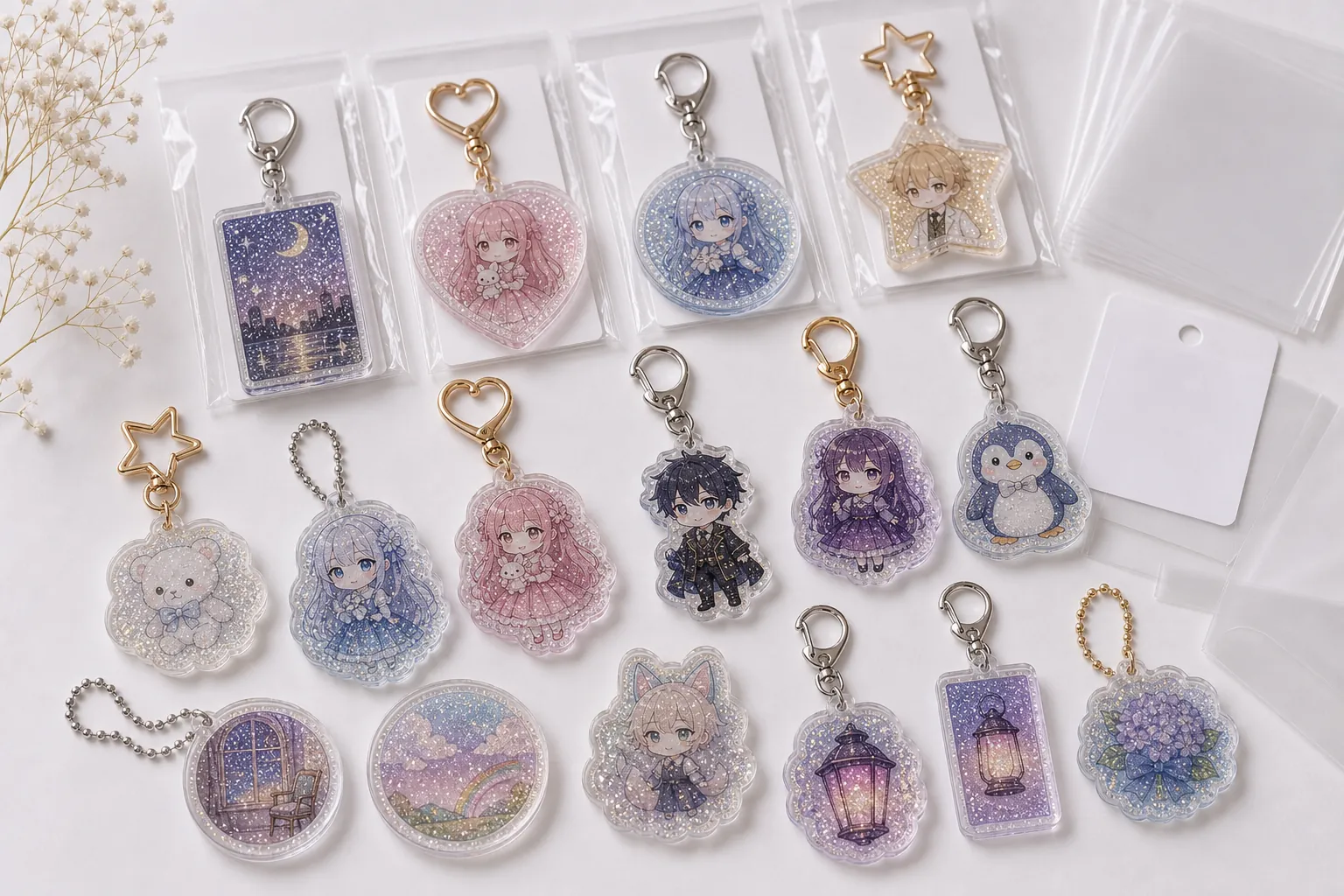 Custom glitter acrylic keychains in mixed shapes with keyring hardware