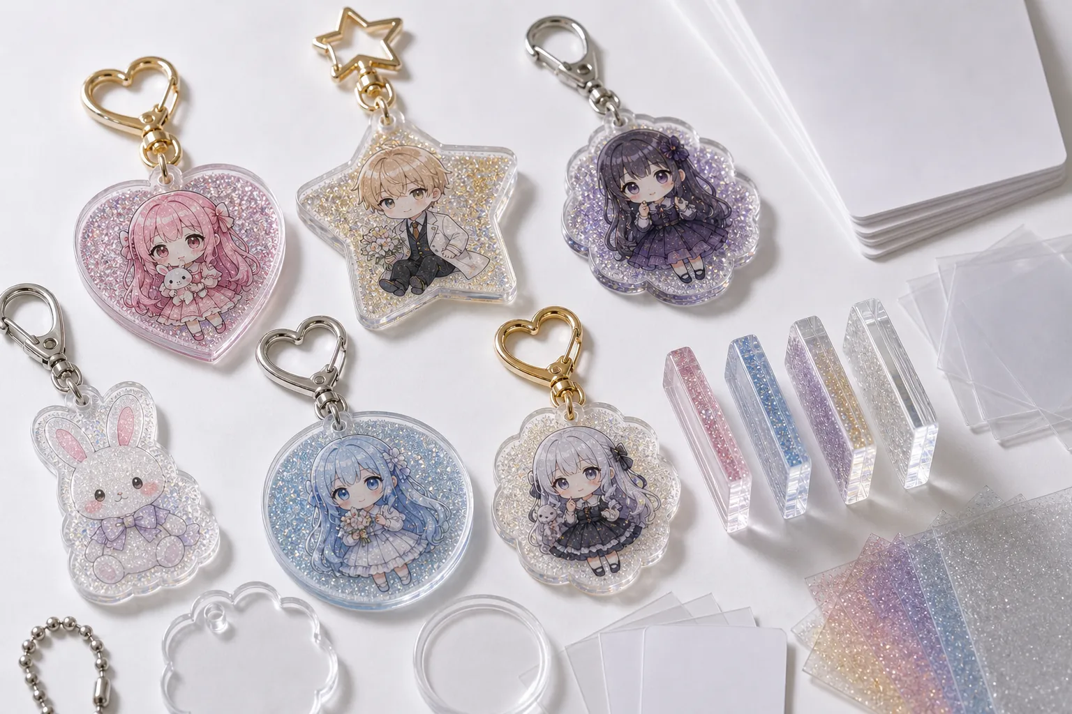 Glitter acrylic keychain samples showing particle colors, shapes and transparency