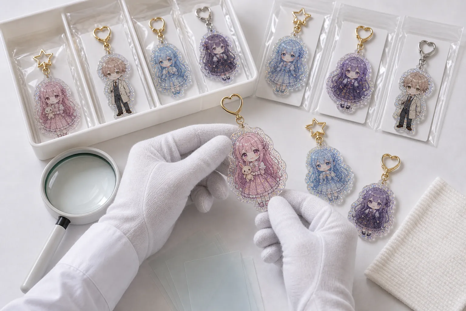 Glitter acrylic keychain sample inspection for print, edge and hardware quality