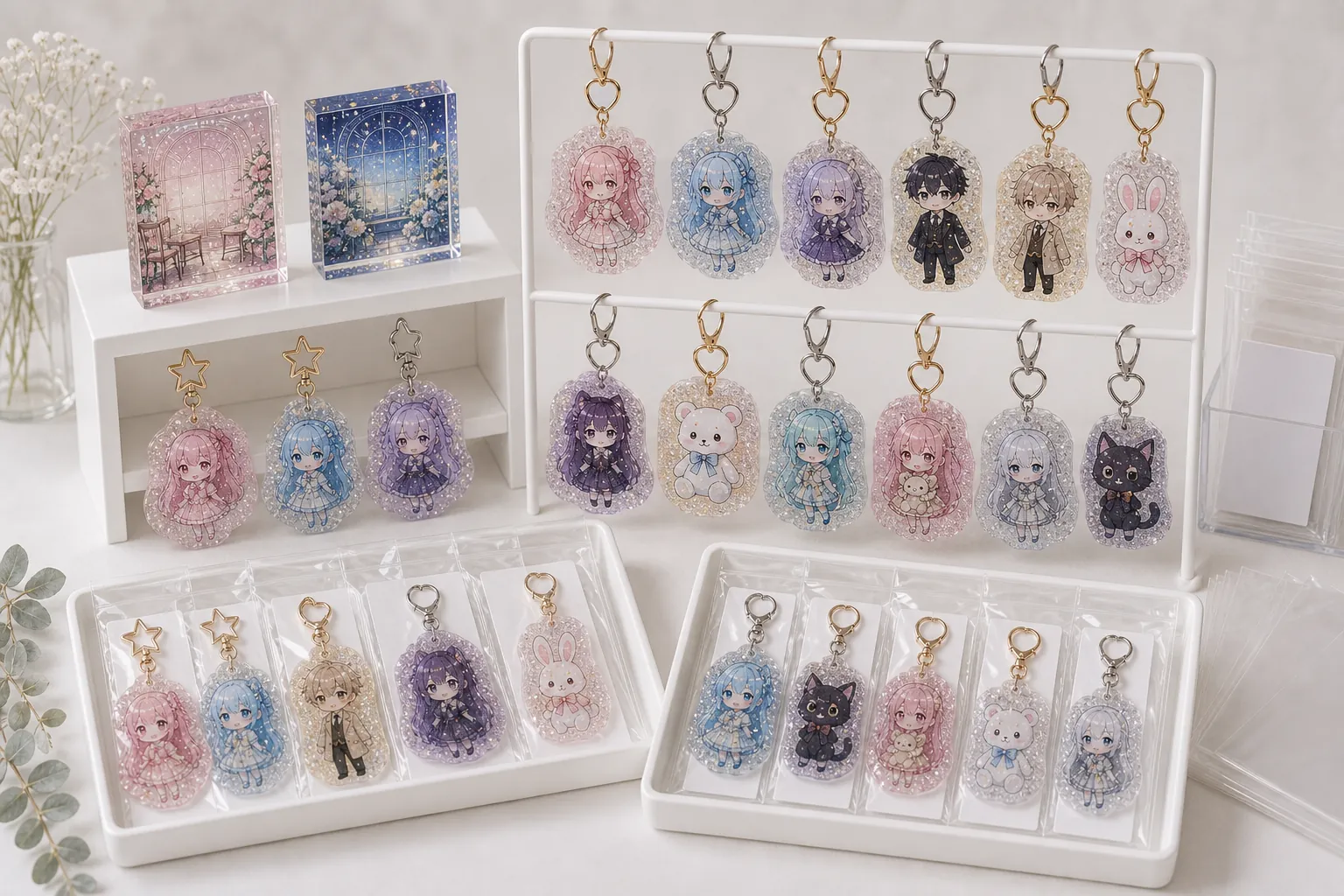 Glitter acrylic keychain series display for retail and event merchandise