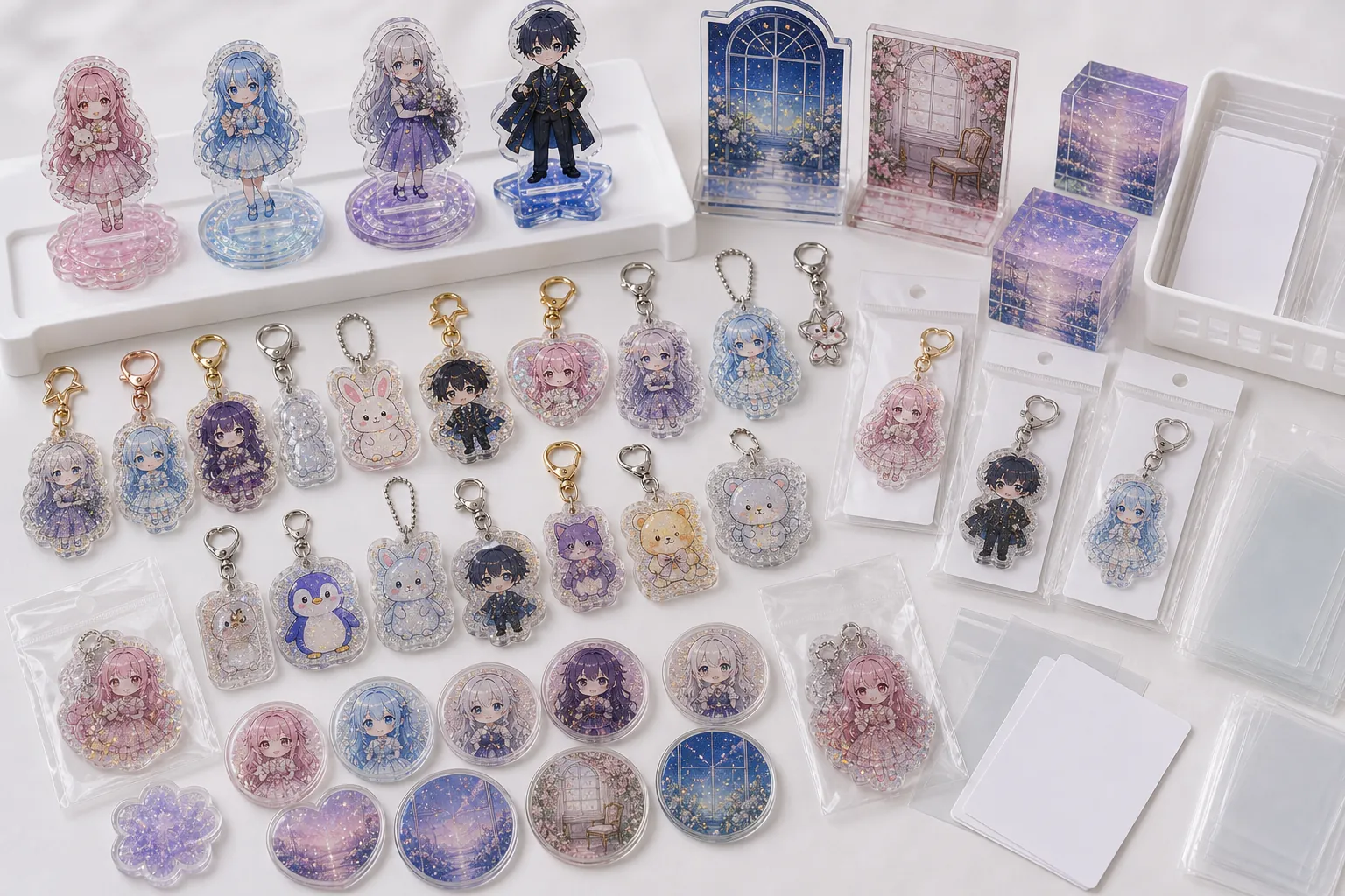 Glitter acrylic keychain collection showing finish variants and packaging options