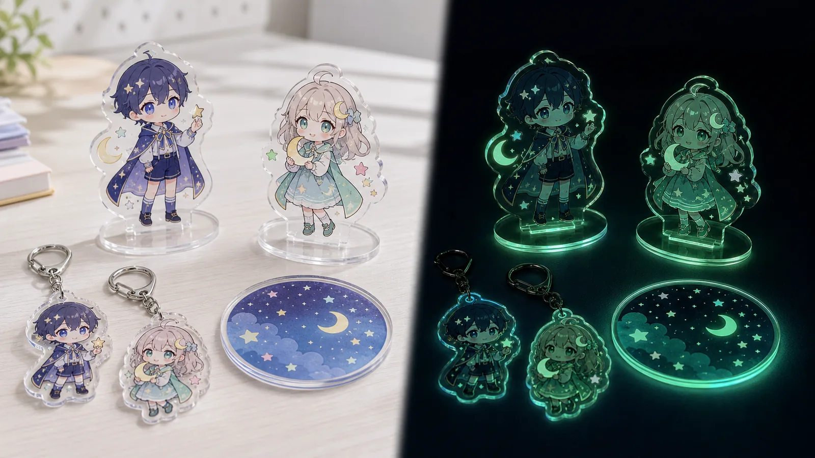 Original IP glow-in-dark acrylic goods shown in daylight and dark-room glow comparison