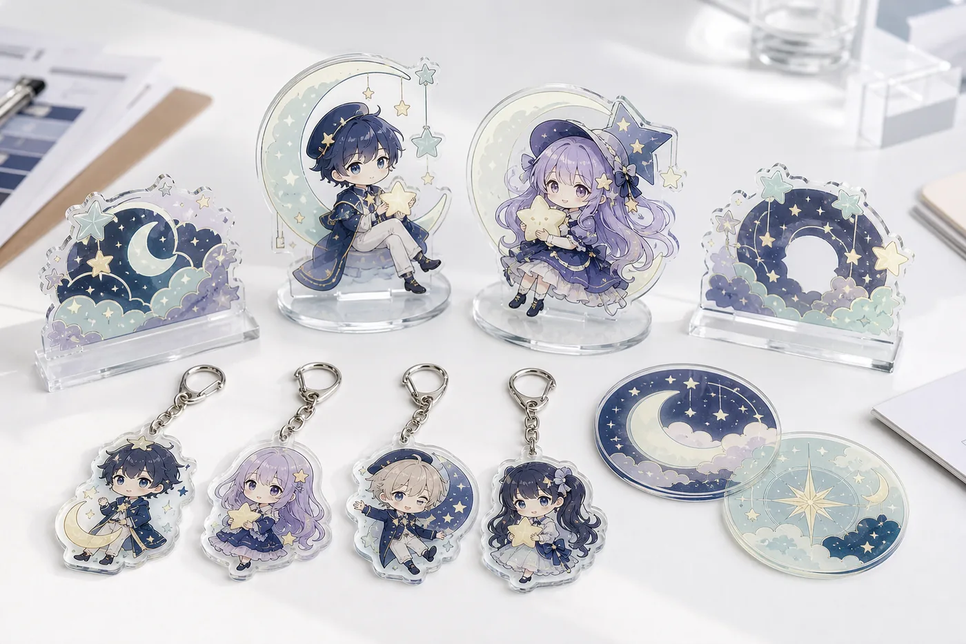 Original IP glow-in-dark acrylic stands and keychains arranged by SKU