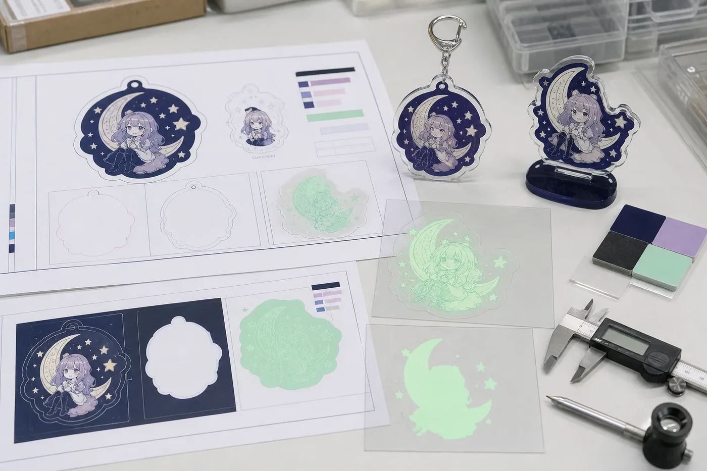Pre-production sample review for artwork data, white backing, and glow range