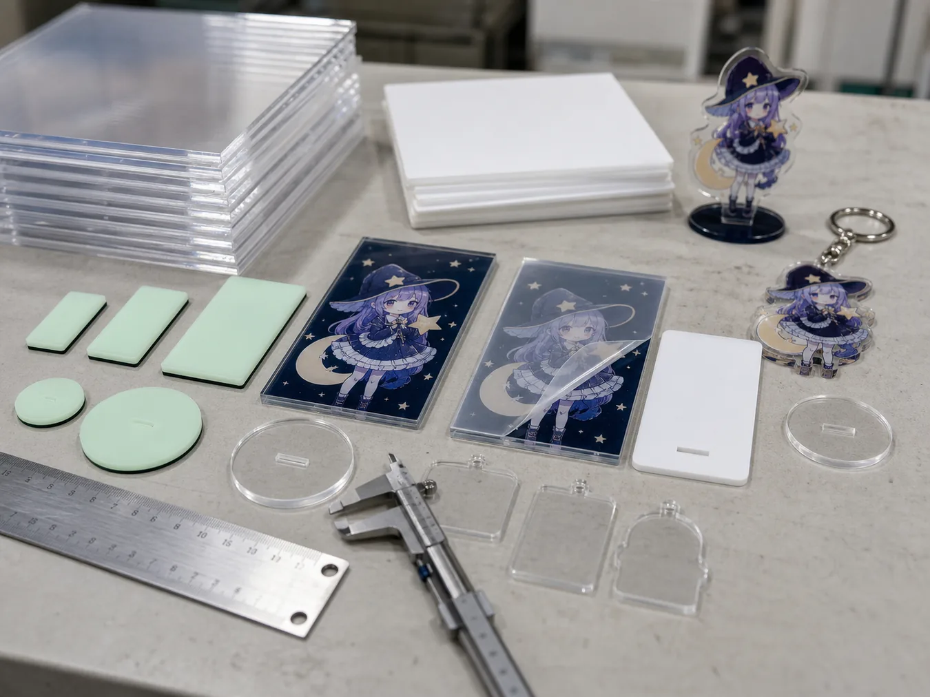 Reviewing glow acrylic materials and printed samples on a workbench