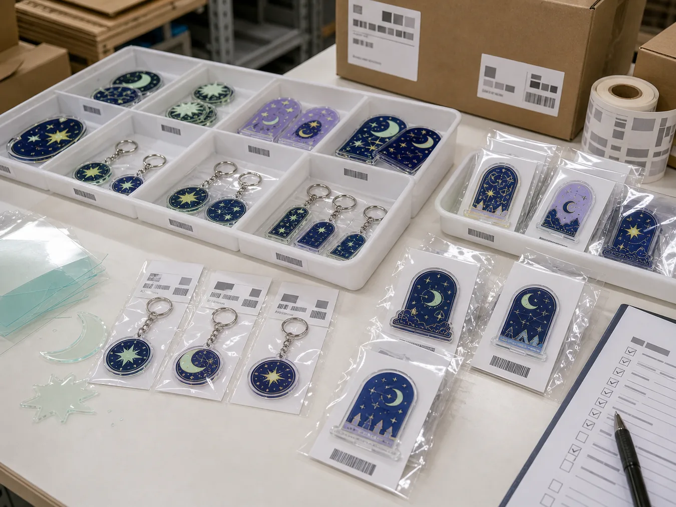 Packaging and checking glow-in-dark acrylic goods by SKU