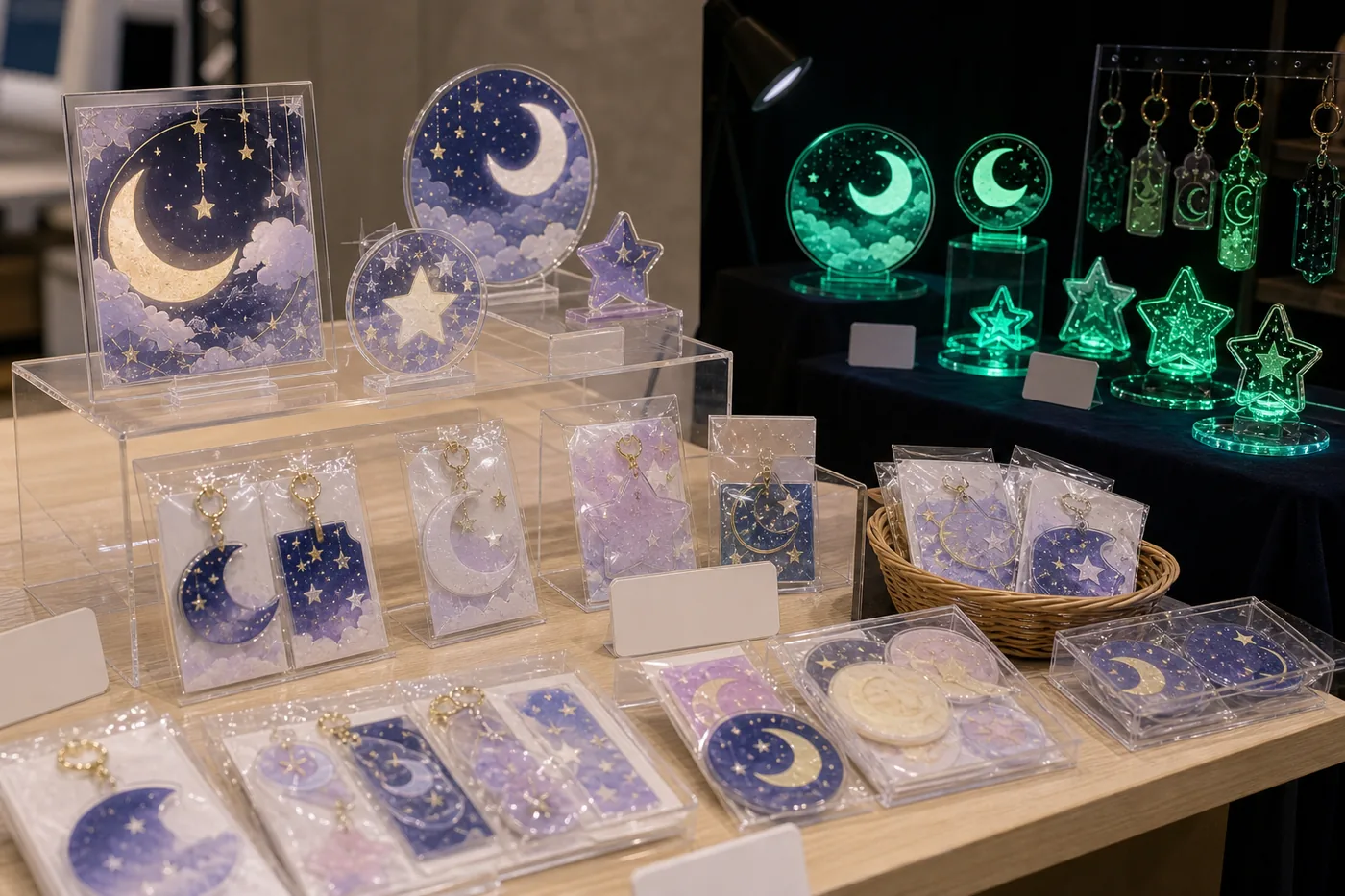 Original IP glow acrylic goods displayed for event merchandise sales