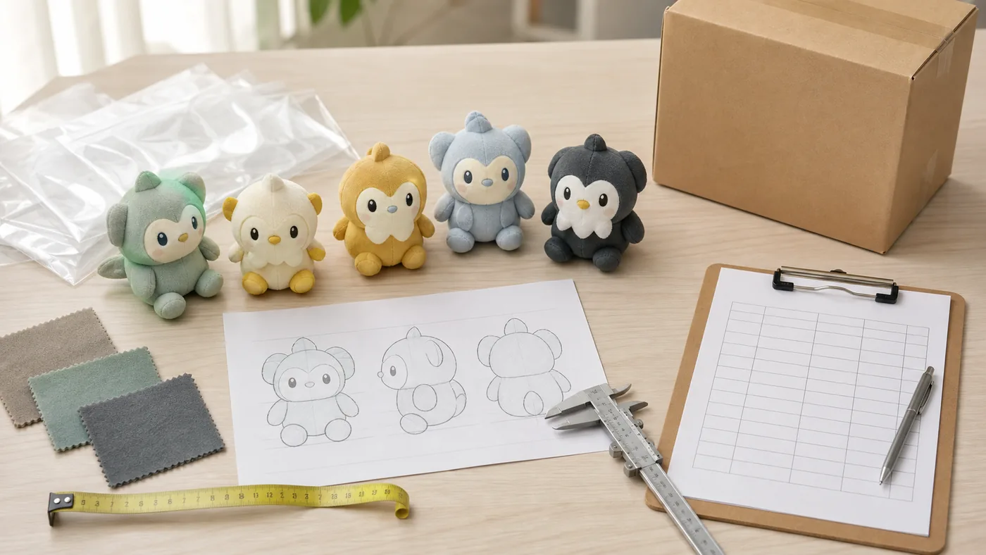 ぬいぐるみOEM見積依頼用のデザイン資料とSKU表と包装サンプル