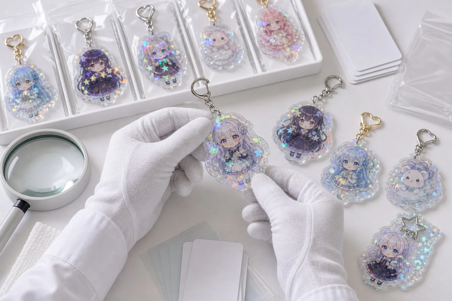 Holographic acrylic keychain inspection under angled light for print and surface quality