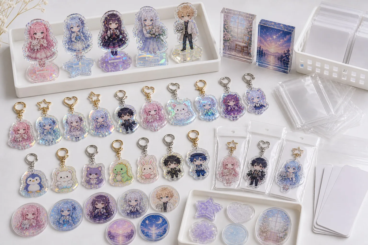 Holographic acrylic merchandise series showing keychain finish and packaging options