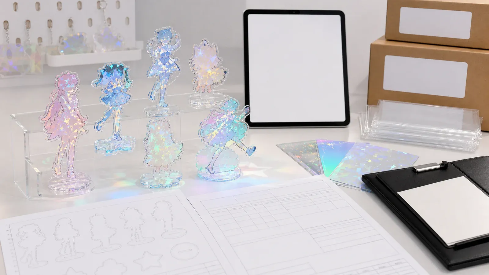 Holographic acrylic stand material and packaging samples prepared for quotation