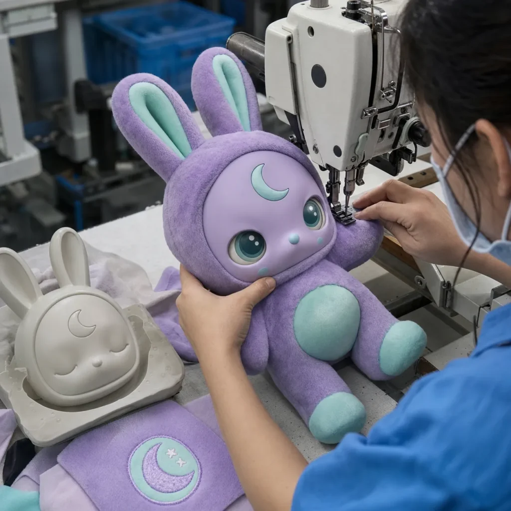 オリジナルのソフビ顔と毛絨ボディを工業用ミシンで縫製するハイブリッドぬいぐるみOEM
