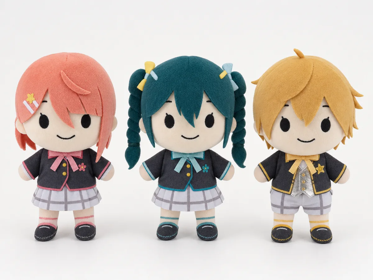 three idol plush SKUs showing member colors and outfit variations