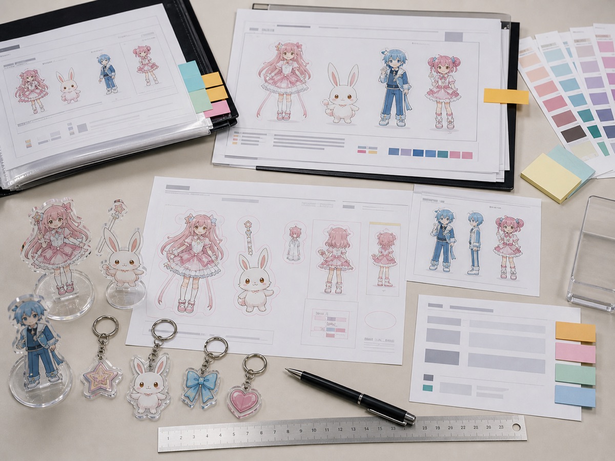 IP collaboration acrylic goods OEM artwork approval sheets, color proof samples, white ink files, and cut line review