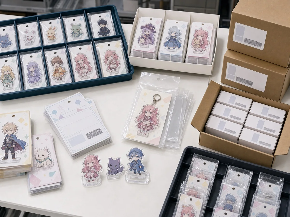 IP collaboration acrylic goods OEM packaging workflow for backing cards, OPP bags, JAN labels, inner boxes, and carton labels