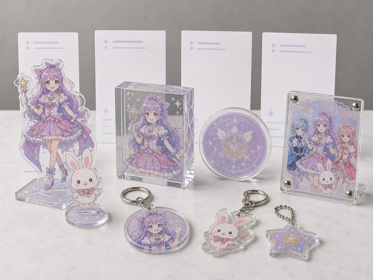 IP collaboration acrylic goods OEM product lineup with acrylic standees, keychains, blocks, charms, and backing cards