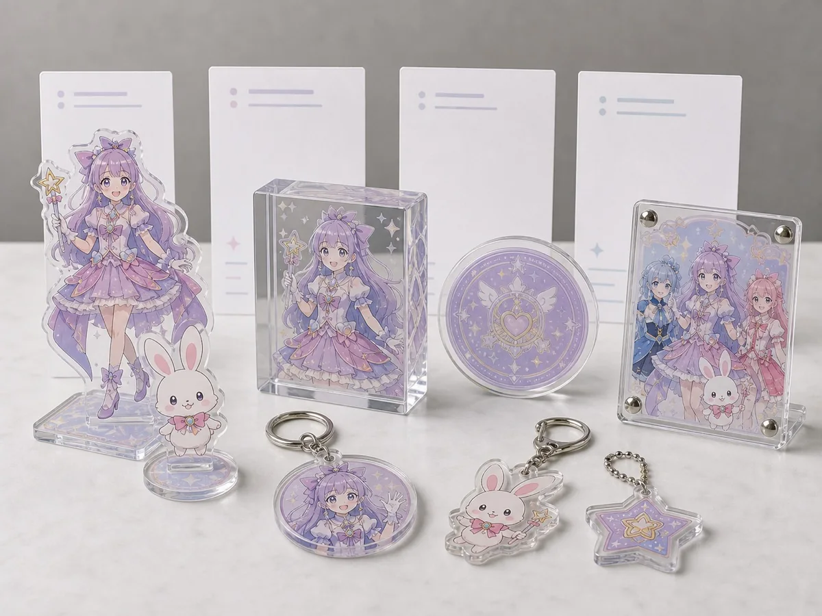 IP collaboration acrylic goods OEM product lineup with acrylic standees, keychains, blocks, charms, and backing cards