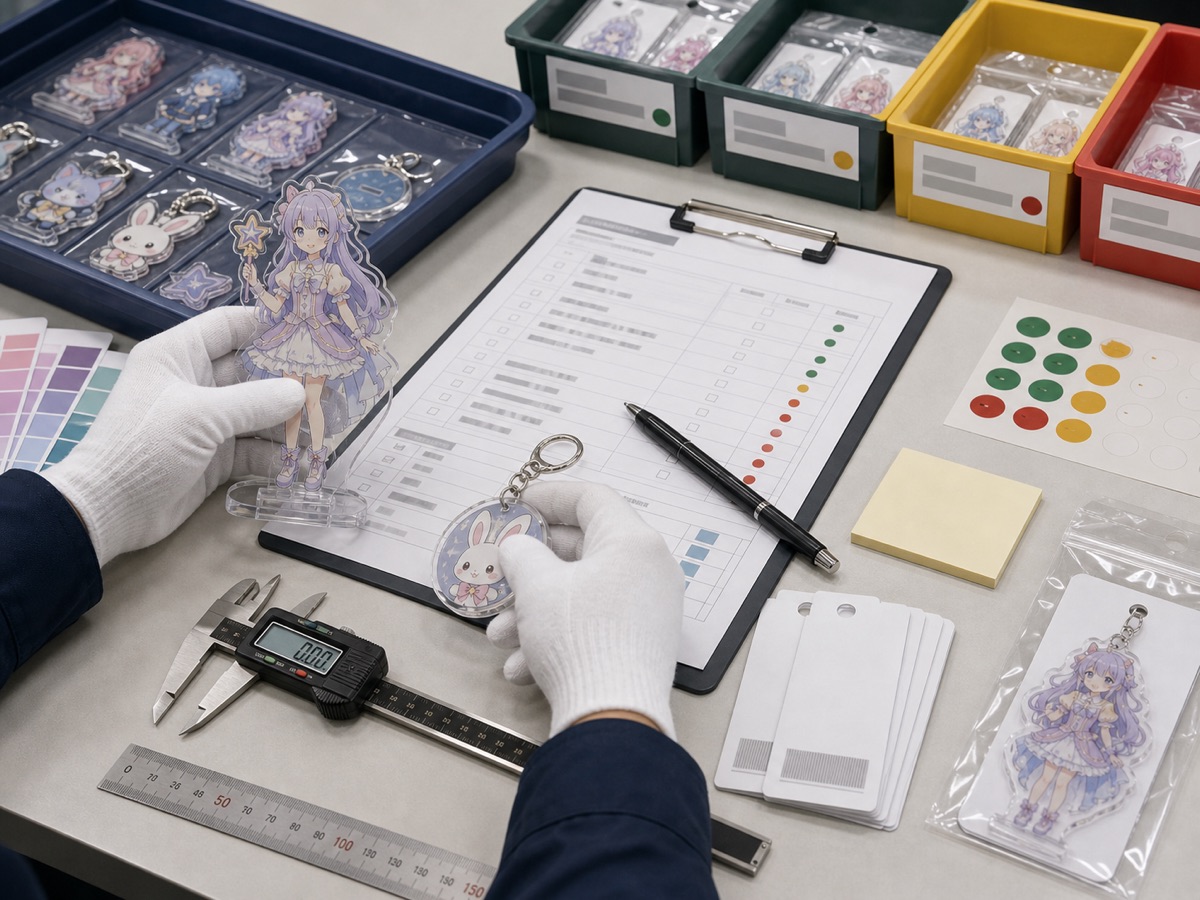 IP collaboration acrylic goods OEM QC inspection for scratches, print alignment, acrylic size, base fitting, and packaging status