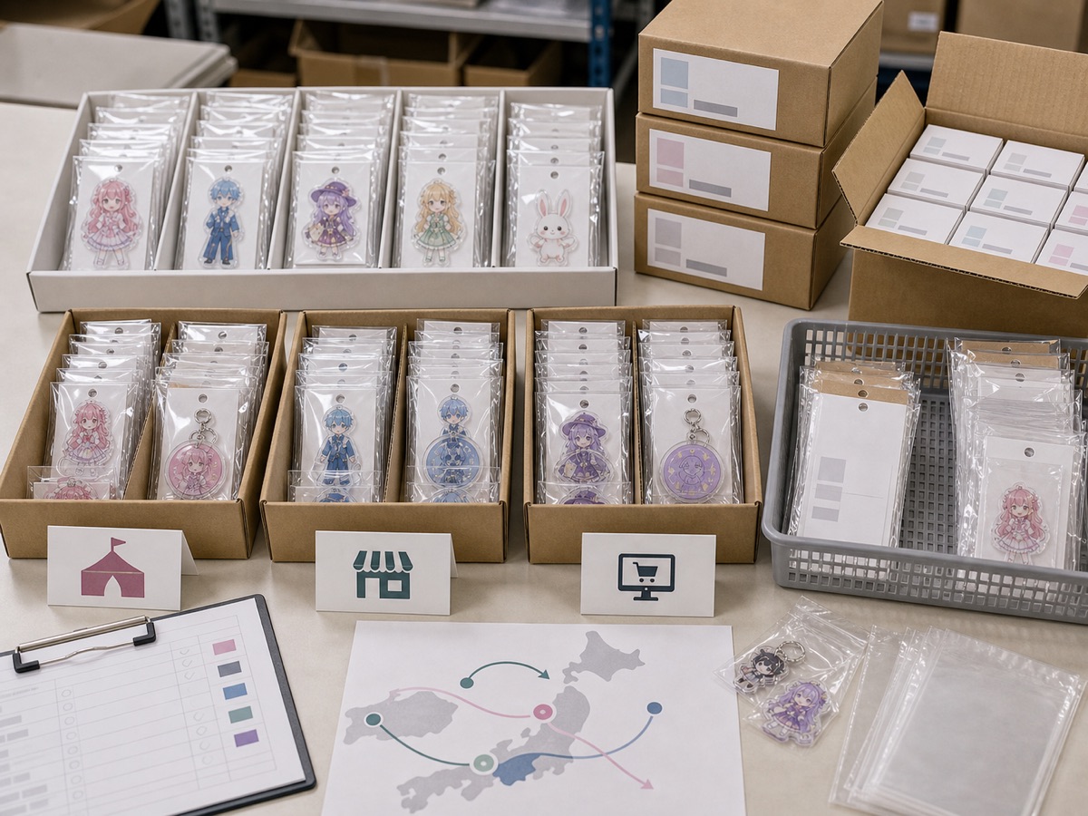 IPコラボ アクリルグッズOEMをイベント、店頭、EC向けに内箱と外箱へ仕分ける出荷準備