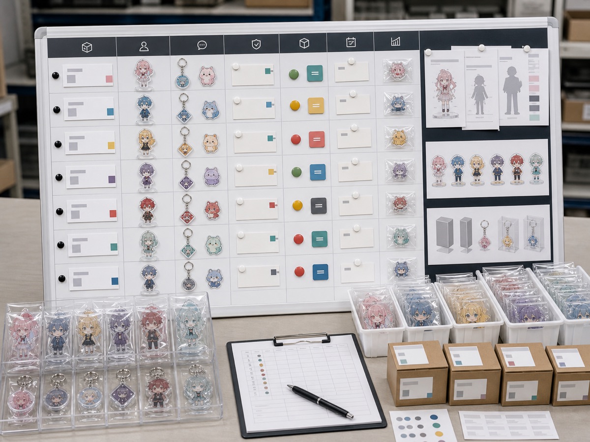 IPコラボ アクリルグッズOEMのSKU別サンプル、監修状態、包装条件を管理するボード