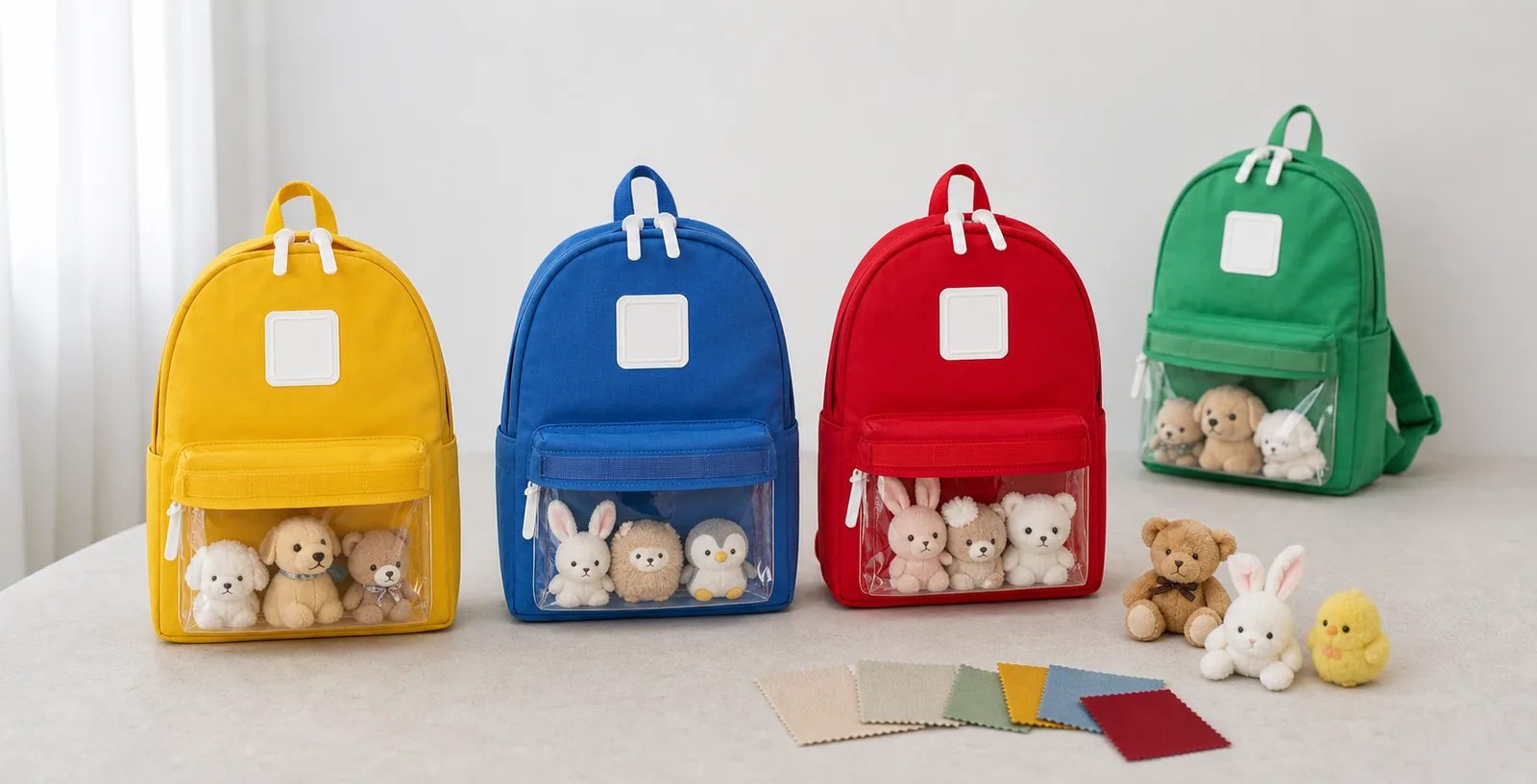 痛バッグリュックOEMの小型ぬい展示と色別サンプル集合