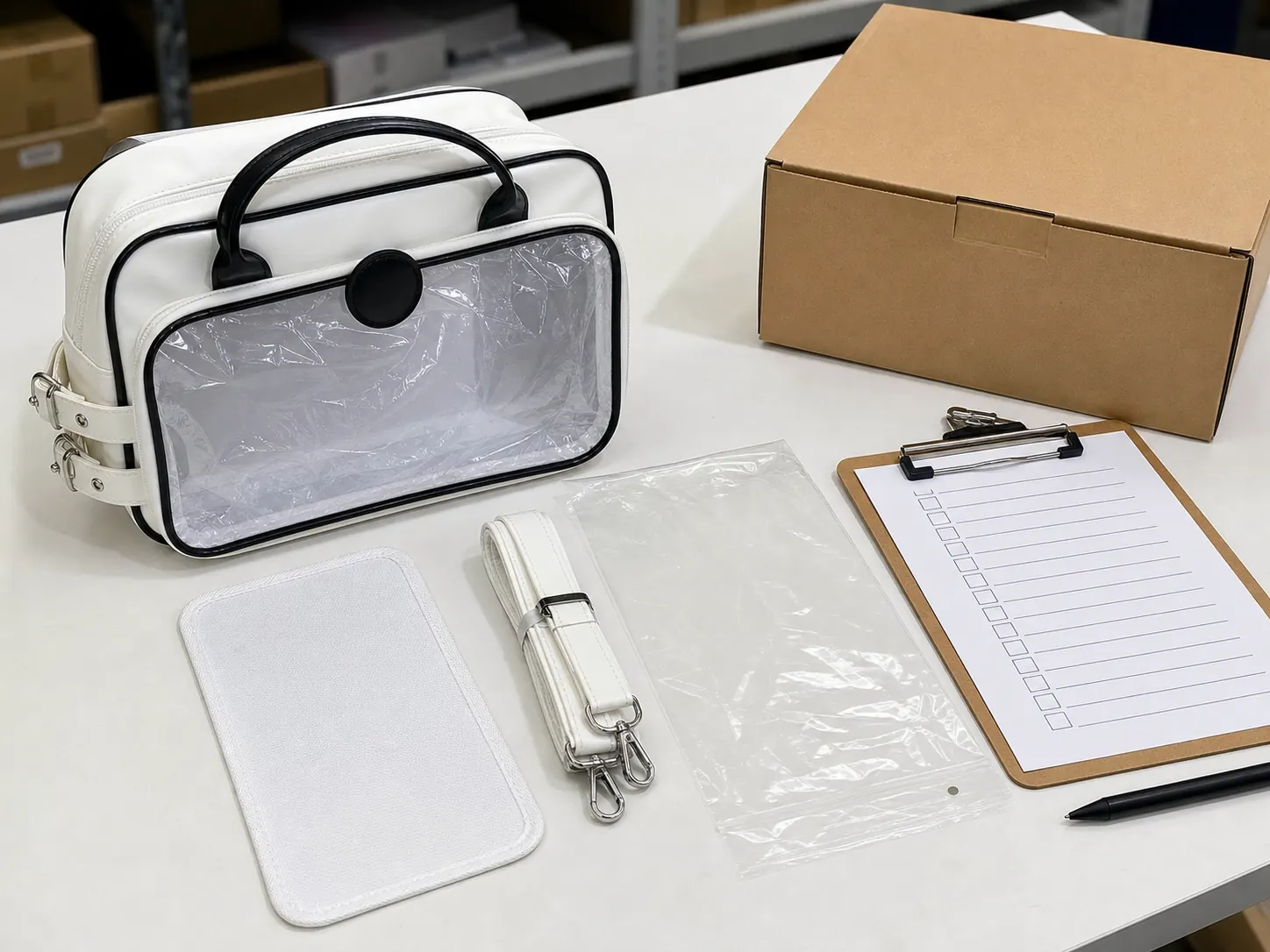 斜めがけ痛バッグの透明窓保護フィルムと包装検品の確認
