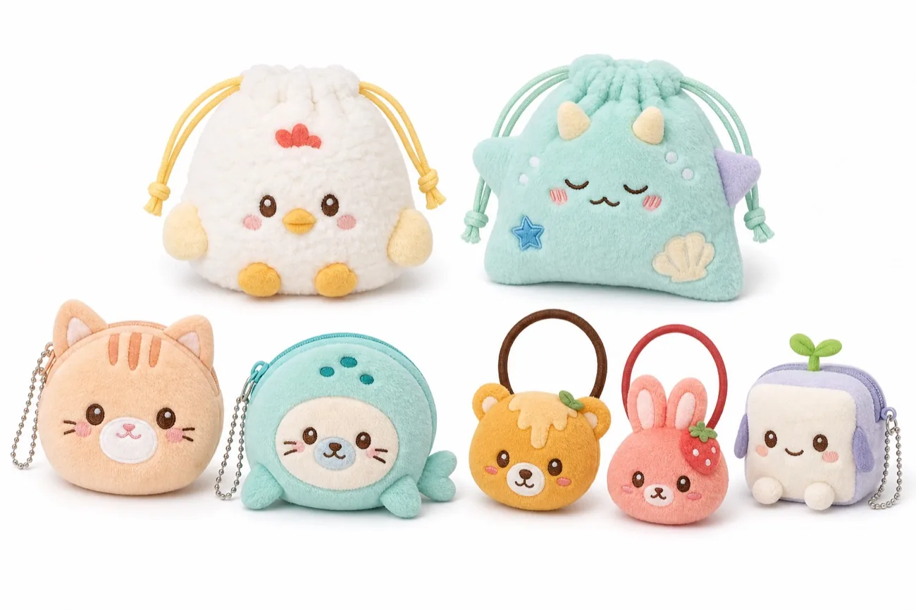 ぬいぐるみポーチと巾着型アクセサリーの景品向けラインナップサンプル