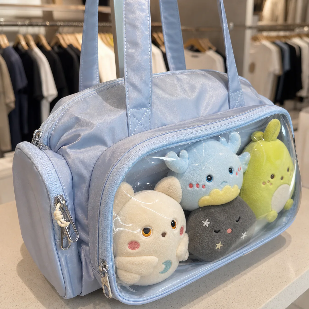 オリジナルぬいぐるみを見せる大容量ボストン型痛バッグの斜め前面