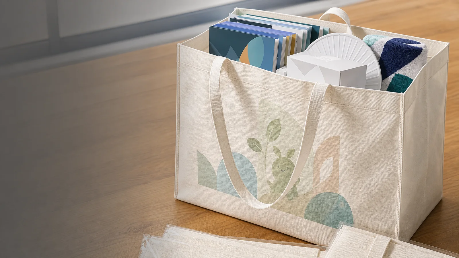 木目テーブル上の大容量イベントトートにA4カタログ・うちわ・タオル・箱入り物販を入れた近景